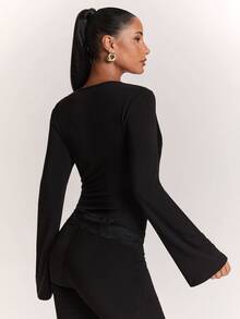 SHEIN BAE Women's Black Sexy Bell Sleeve Lace Patchwork Top - Black - View 2