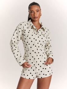 SHEIN BAE Women's Polka Dot Long Sleeve Denim Jacket And Shorts Casual Set - Black and White - View 3