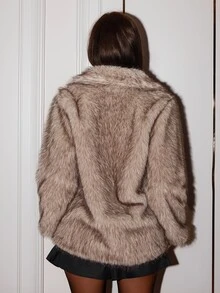 Allurite Light Gray Two-Tone Faux Fur Lapel Mid-Length Coat - Light Grey - View 2