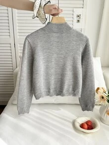 Tween Girl Contrast Lace Bow Decor Long Sleeve Sweater - Light Grey - View 2
