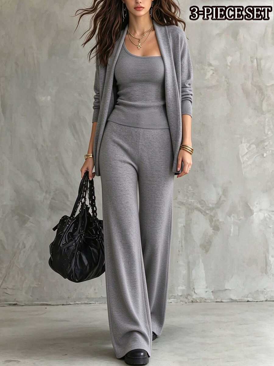 LUMIGAL Women's Solid Color Dropped Shoulder Long Sleeve Jacket, One Shoulder Sleeveless Top And Pants Casual Set - Grey - View 1
