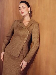 MOTF PREMIUM FASHIONABLE ELEGANT HIGH-END ELEGANT SLIMMING WAIST ASYMMETRICAL COLLAR LONG SLEEVE WOMEN'S BLAZER - Khaki - View 5