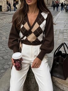 SHEIN PariChic 女款休閒菱格拼接綁帶式圍裹毛衣，秋冬款 - 彩色 - 查看 4