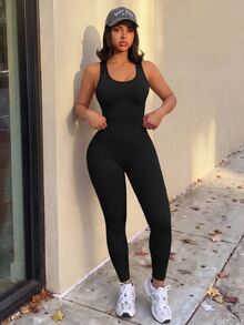 SHEIN Core Rhythm Solid Color Sleeveless Fitted Athletic Jumpsuit - Black - View 7
