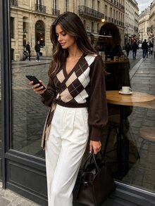 SHEIN PariChic 女款休閒菱格拼接綁帶式圍裹毛衣，秋冬款 - 彩色 - 查看 6
