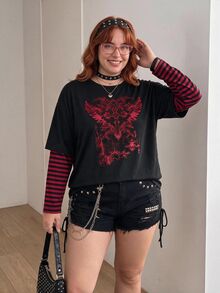 SHEIN CURVE+ تي شيرت مقاس كبير كاجوال خريفي مخطط مع رقعة وطبعة أجنحة 2 في 1 للهالوين والخريف - متعدد الألوان - مشاهدة 6