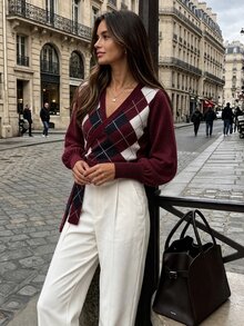 SHEIN PariChic 女款休閒菱格拼接繫帶式圍裹毛衣，秋冬款 - 彩色 - 查看 3