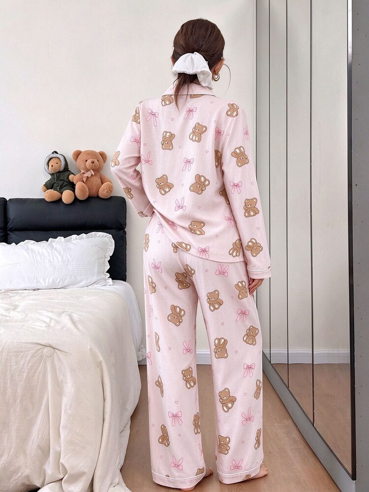 Dream Adore Set Piyama Lengan Panjang dan Celana Panjang Motif Beruang dengan Pita dan Gelembung - Berwarna merah muda - View 2