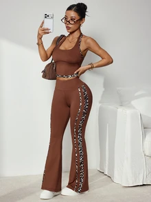 Slayform Women's Colorblock Halter Top And Leggings Casual Daily Sports Set - Multicolor - View 5