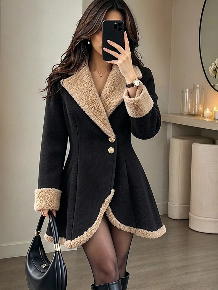 SHEIN Women's Autumn/Winter Lapel Neck Long Sleeve Single Button Casual Jacket - Black - View 1