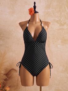 Swim Chiccia Plus Size Women's Polka Dot Halter One-Piece Swimsuit, Suitable For Beach Vacation, Pool Party, Beach Party - Black - View 6