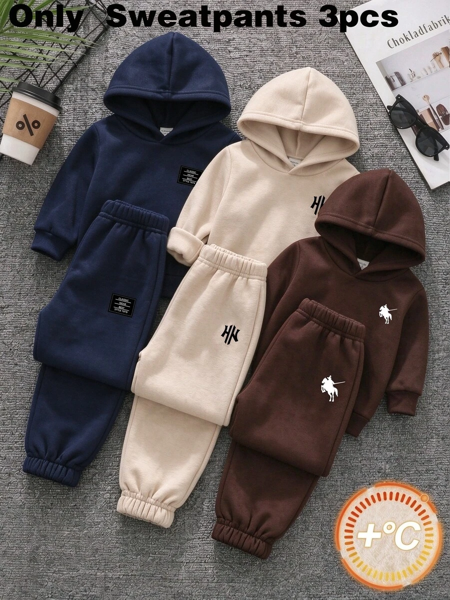 (3pcs) Autumn Winter Boys Fashion Creative Minimalist Label Knight Pony Letter Print Sweatpants - Multicolor - View 1