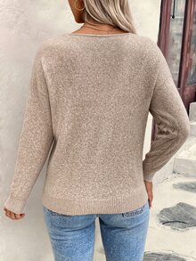 EMERY ROSE Plus Size Women's Solid Color V-Neck Hollow Out Pullover Knit Sweater Herringbone Pattern Long Sleeve Loose Fit Lightweight Flattering Slimming Top For Autumn/Winter Commute Innerwear Outerwear - Apricot - View 2
