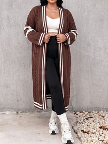 Elenzga Plus Size Casual Colorblock Striped Long Cardigan, Autumn/Winter Fall Cloth For Women - Coffee Brown - View 6