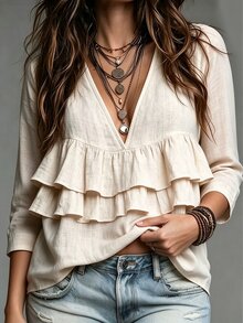 Linhara CURVE Plus Size Women Solid Color V-Neck Pleated Casual Daily Wear Blouse - Apricot - View 3