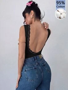 Firerie 女款優雅浪漫時尚通勤性感露背 95% 棉連身衣，適合派對、浪漫約會及婚禮生日穿搭 - 黑色 - 查看 3