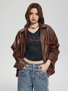 SHEIN 青少年女孩外套 抓絨 秋季衣物 黑色長袖 龐克風 翻領拉鍊 PU皮革夾克，適用秋冬，休閒，純色，返校季 - 棕色 - 查看 1
