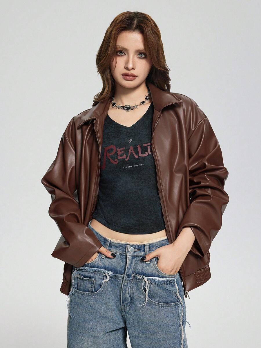 SHEIN 青少年女孩外套 抓絨 秋季衣物 黑色長袖 龐克風 翻領拉鍊 PU皮革夾克，適用秋冬，休閒，純色，返校季 - 棕色 - 查看 1