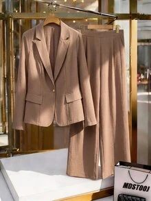 GlowEve CURVE Plus Size Women's Best-Selling Elegant Long Sleeve Asymmetrical Collar Solid Color Cotton Linen Blend Blazer + Straight Leg Wide Leg Pants 2 Pieces Set, Slimming Minimalist Design With Metal Button Decor, Suitable For Daily Versatile Commuting, Dating, Gathering - Khaki - View 6