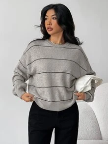 SHEIN 冬季女款寬鬆休閒條紋套頭針織毛衣，舒適百搭，加厚保暖，適合青少年女孩的秋冬針織衫 - 咖啡棕 - 查看 7