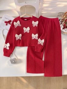 Elladie kids 少女韓系溫柔風 3D緞面蝴蝶結裝飾 淡杏色 縱向羅紋紋理 柔軟光滑圓領寬鬆長袖上衣與高腰裙 - 紅色 - 查看 3