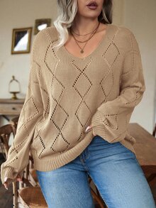 Weeklong 大尺碼女款純色V領鏤空長袖休閒寬鬆套頭毛衣，秋冬款 - 杏色 - 查看 1