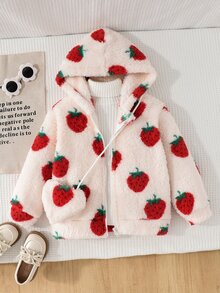 Elladie kids 女童冬季保暖內裡可愛甜美Y2K草莓毛絨帽子與夾克外套，附斜背小包，2件套 - 紅色 - 查看 4