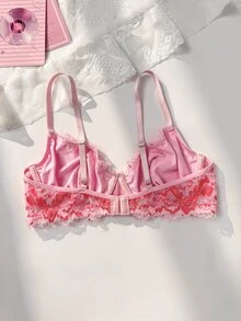PetitDoll Women's Contrast Color Floral Lace Bra, V-Neck With Small Bow Decor, Adjustable Spaghetti Strap, Back Hook Closure, Sexy Push-Up Lingerie - Multicolor - View 2