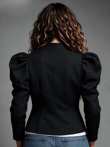 Linhara CURVE Plus Size Women's Double-Breasted Casual Versatile Long Sleeve Jacket - Black - View 2