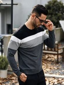 Marcello Vane 男士對比色圓領長袖休閒針織毛衣 - 深灰色 - 查看 6