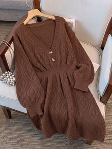 GlowEve CURVE Plus Size V-Neck Lantern Sleeve A-Line Thick Knit Dress With Button Rope Detail, Solid Color Winter Knit Dress - Coffee Brown - View 6