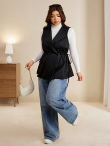 Edennvi Women's Plus Size Sleeveless Regular Fit Blazer, Large Collar, Drawstring Waist - Black - View 4