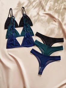 Charlaine Casual Elegant Mesh Triangle Cup Lingerie Set 6pcs - Multicolor - View 2