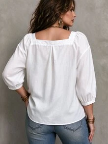 Linhara CURVE Plus Size Women Square Neck Petal Sleeve Blouse, Half-Button Textured Loose White Shirt Fall - White - View 2