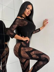 SHEIN Temptica Set 2 Potong Wanita, Atasan Pendek Jala Transparan dengan Potongan + Legging Jala Motif Geometris dengan Tali Pengikat - Hitam - View 5