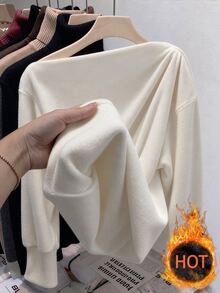 Easura Plus Size Women Solid Color Asymmetrical Shoulder Casual Daily Top Fall - Apricot - View 3