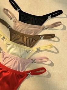 MidnightGlam 6pcs Women's Daily Panties, Shiny Glossy Diamond Buckle Sexy Fashion Thong - Multicolor - View 5