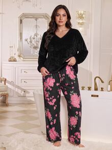MuseNap CURVE Plus Size Autumn/Winter Velvet V-Neck Long Sleeve Top And Black With Pink Floral Print Pants 2 Pieces Pajama Set Loungewear - Multicolor - View 3