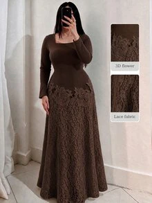 Modelyn 大尺碼女款棕色3D花卉蕾絲拼接洋裝，方領長袖優雅禮服，適合婚禮賓客、聖誕正式派對 - 棕色 - 查看 8