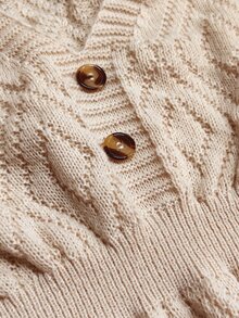 GlowEve CURVE Plus Size V-Neck Lantern Sleeve A-Line Thick Knit Dress With Button Rope Detail, Solid Color Winter Knit Dress - Apricot - View 3