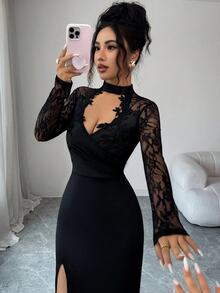 SHEIN PETITE Fashion Women's Lace Long Sleeve Patchwork Waist-Cinched High Slit Fitted Bodycon Dress - Black - View 5