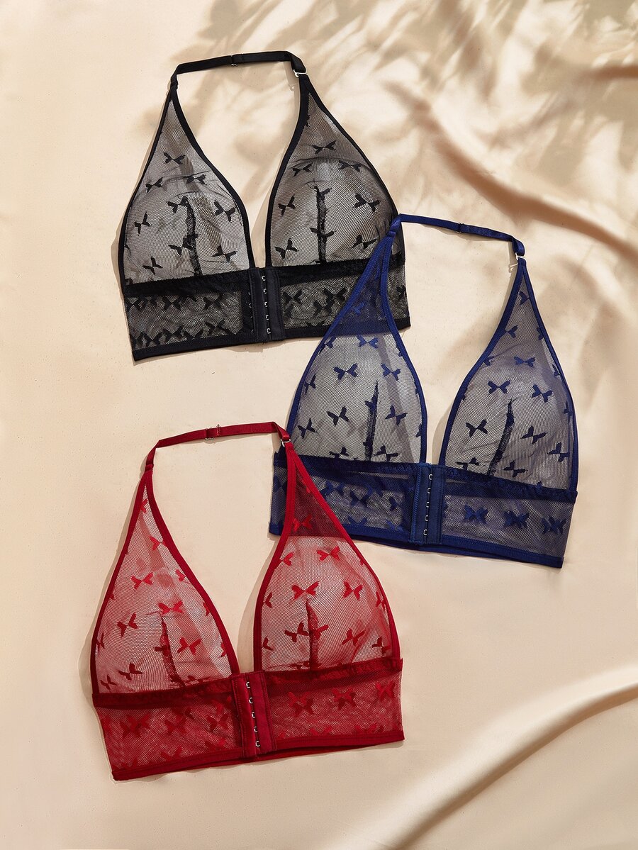 Charlaine Set Lingerie Romantis dengan Penutup Depan Renda dan Leher Halter V Dalam, 3 Potong - MultiWarna - View 1
