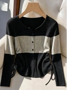 GlowEve CURVE Plus Size Hot-Selling Elegant V-Neck Knitted Ribbed Ribbed Long Sleeve T-Shirt, Slimming Waist Drawstring Single-Breasted Design, Suitable For Daily Commute, Versatile Party And Travel Wear Top - Multicolor - View 1