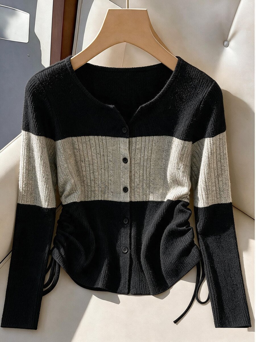 GlowEve CURVE Plus Size Hot-Selling Elegant V-Neck Knitted Ribbed Ribbed Long Sleeve T-Shirt, Slimming Waist Drawstring Single-Breasted Design, Suitable For Daily Commute, Versatile Party And Travel Wear Top - Multicolor - View 1