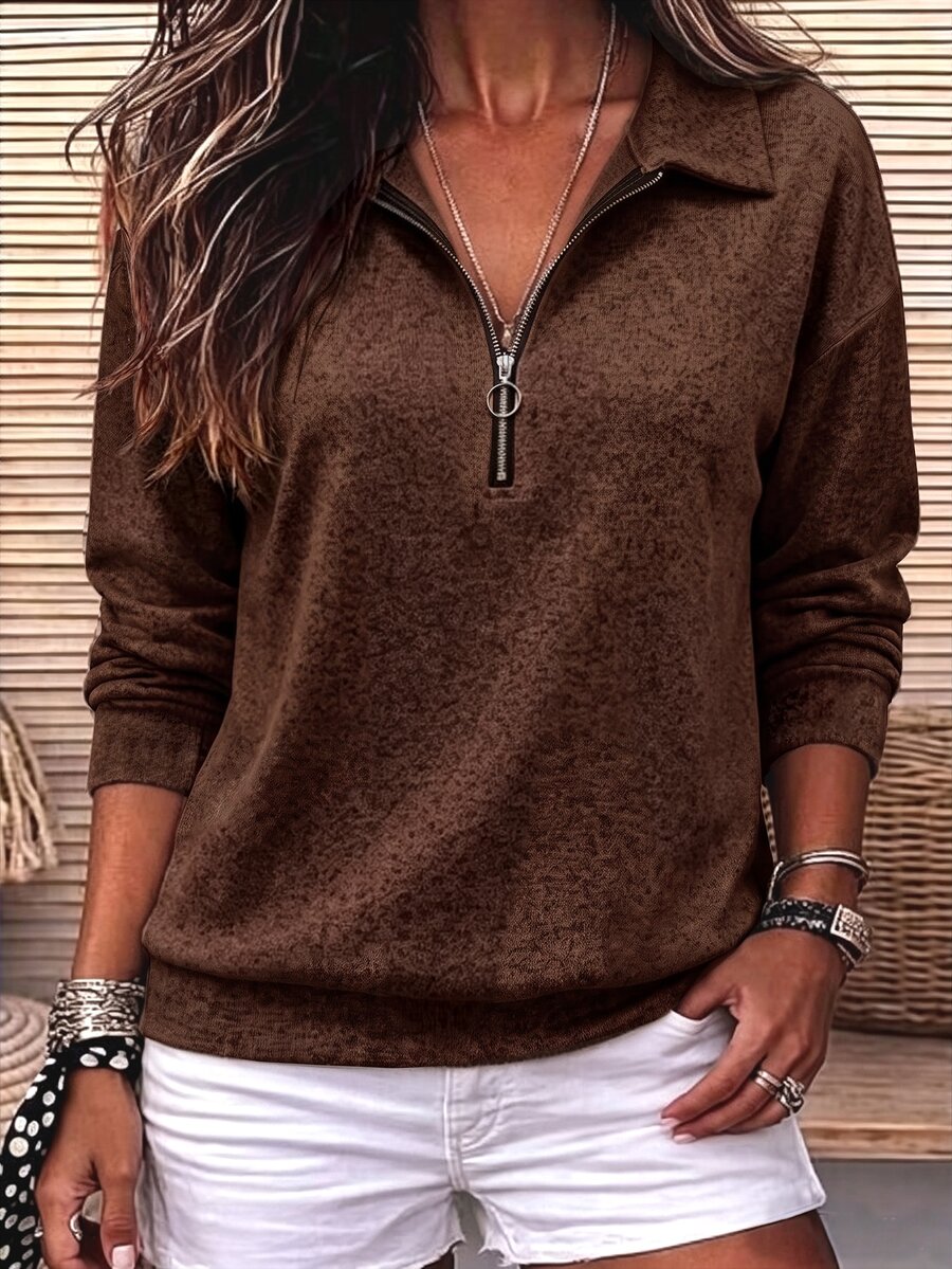 Holdful Holdful Women Sage Green Half Zip Collared Sweatshirt, Soft Loose Drop Shoulder Long Pullover 5 Everyday Going Out Everyday Autumn Casual - Coffee Brown - View 1