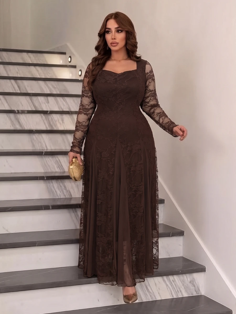 Modelyn Plus Size Women's Elegant Brown Sexy Lace A-Line Commuter Dress - Brown - View 1