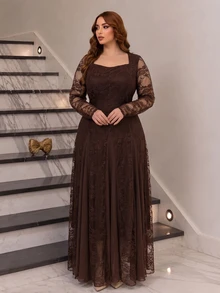Modelyn Plus Size Women's Elegant Brown Sexy Lace A-Line Commuter Dress - Brown - View 4