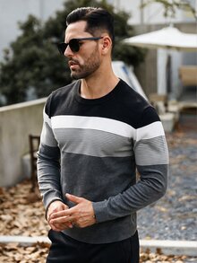 Marcello Vane 男士對比色圓領長袖休閒針織毛衣 - 深灰色 - 查看 5