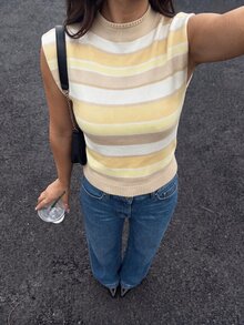 Firerie 夏季優雅 2000 年代法式高領休閒無袖針織背心女款上衣，適合外出、辦公室、度假、早午餐與校園，棕色條紋 - 淡黃色 - 查看 6