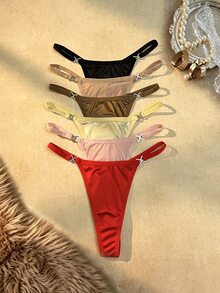 MidnightGlam 6pcs Women's Daily Panties, Shiny Glossy Diamond Buckle Sexy Fashion Thong - Multicolor - View 6